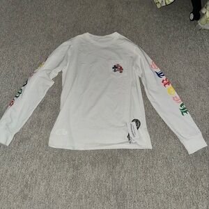 White Long Sleeve Chrome hearts Graphic Tee with Multicolor Sleeve Prints